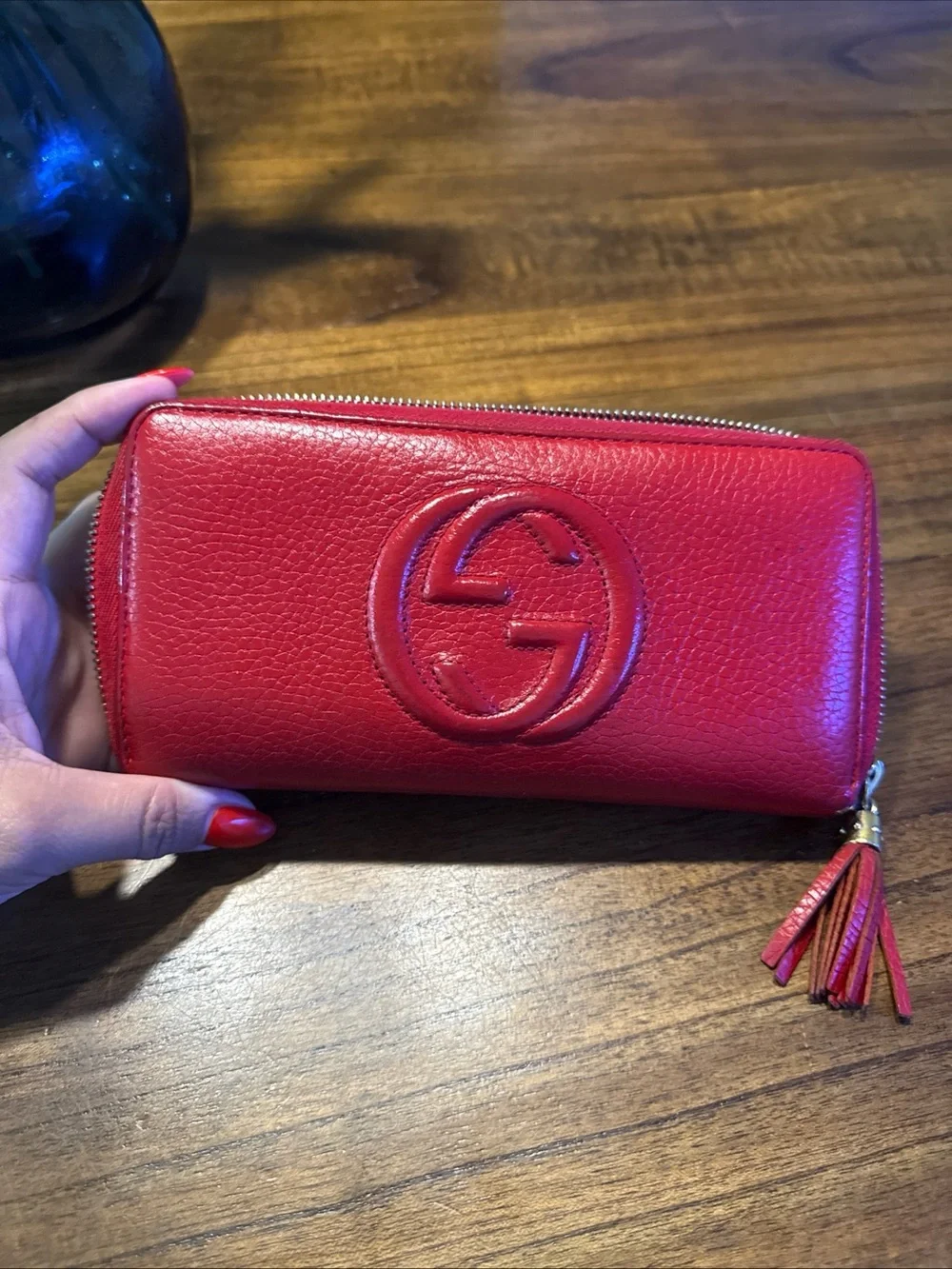 Gucci Red Pebbled Leather Tassel Zip Around Wallet